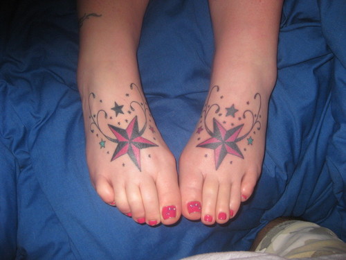 Nautical Star Tattoos On Feet. 3 Star Tattoos On Foot.